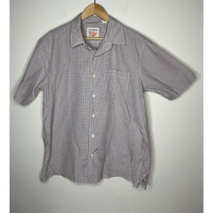 Dockers Button Up Shirt Men XL Blue Orange Plaid Front Patch Pocket Short Sleeve